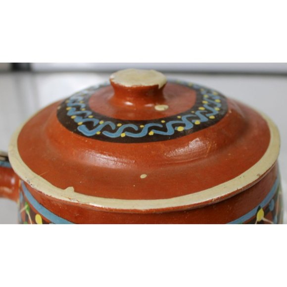 Vintage Mexican Tlaquepaque Hand Painted Red Clay Handled Pot - Picture 6 of 7